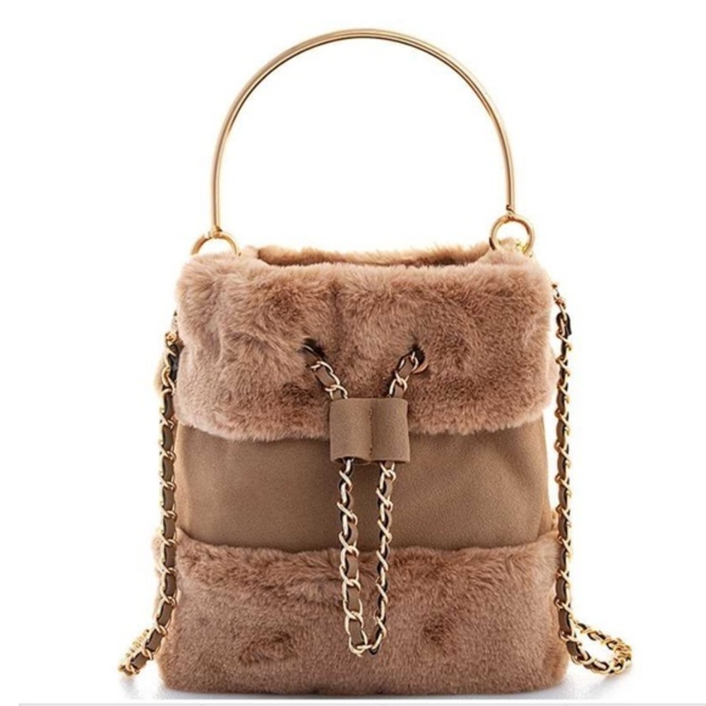 New Brown Tan Soft Fur & Faux Leather Clutch Chain Crossbody Purse Bag